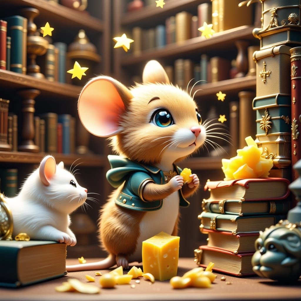 Mouse in Library, Whimsical Illustration