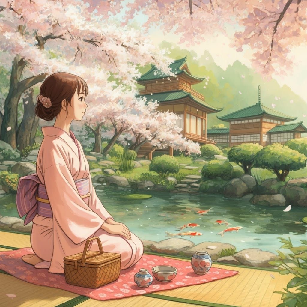 Serene Woman Amidst Cherry Blossoms and Japanese Teahouse