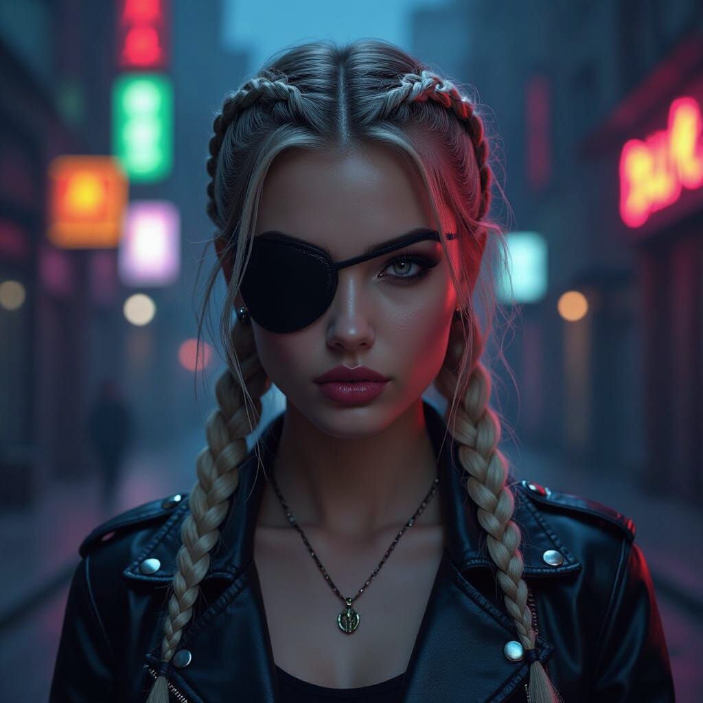 Braided Woman with Eyepatch in Neon Urban Night