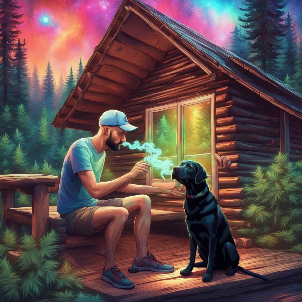 Cabin Scene: Man, Dog, and Cosmic Dreamscape