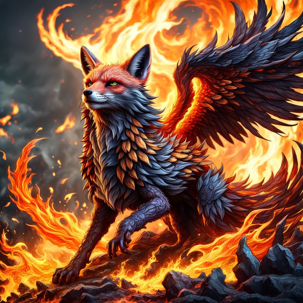 Winged Fire Fox: Detailed Fantasy Art