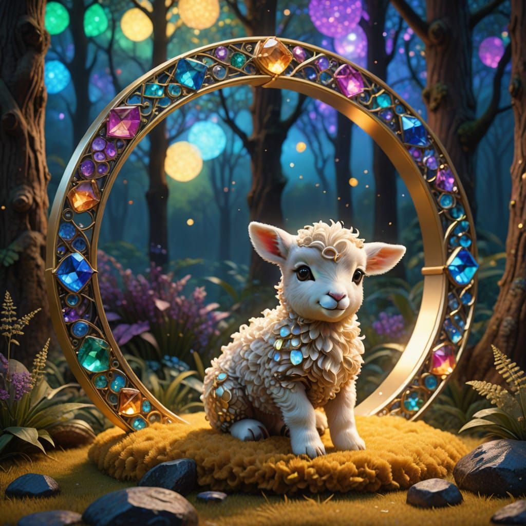 Photorealistic Lamb in Whimsical Cosmic Forest