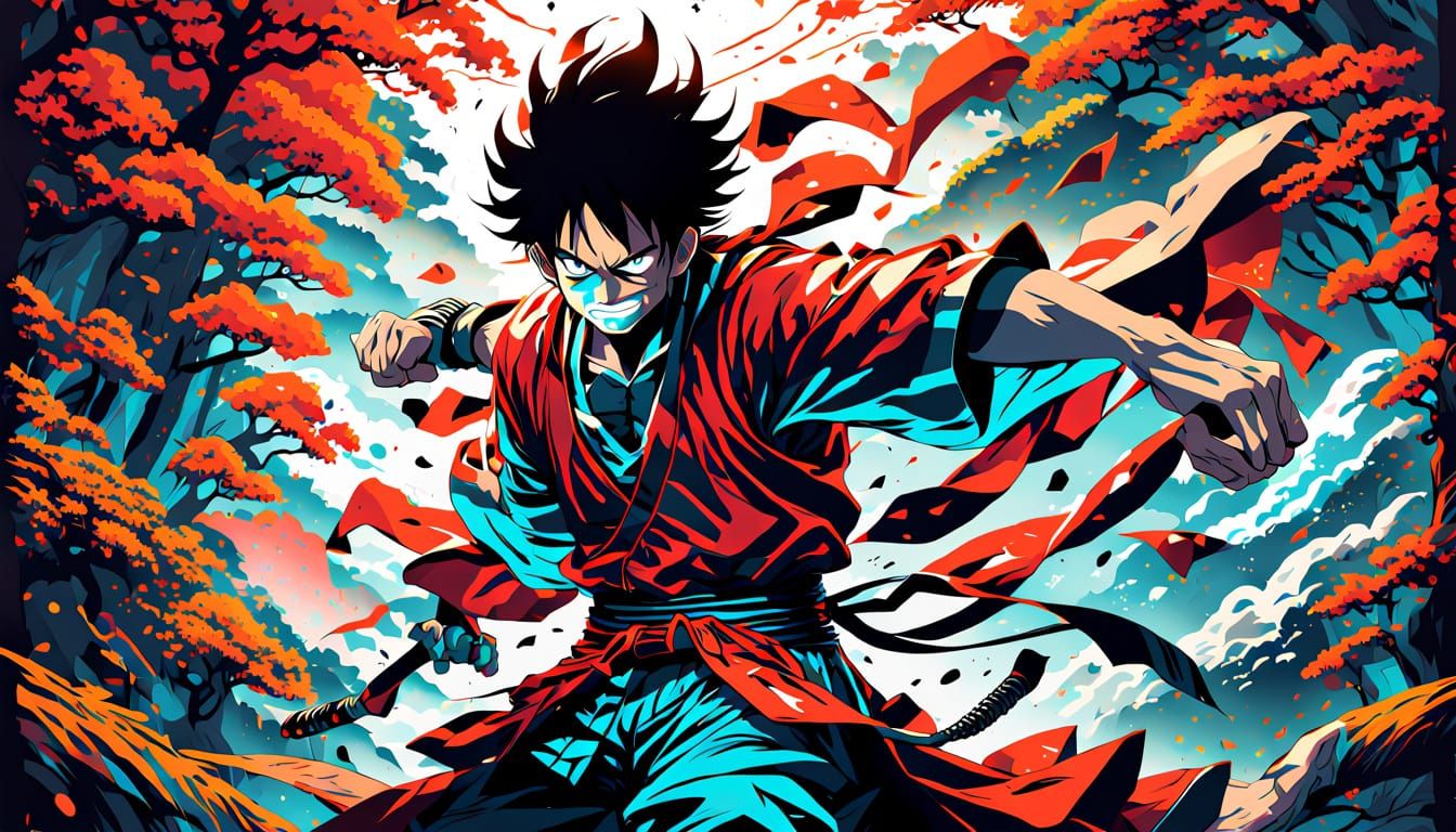 Energetic Demon Slayer Anime Art in Vibrant Forest