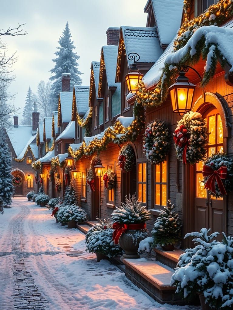 Snowy Village Street in Warm Golden Light