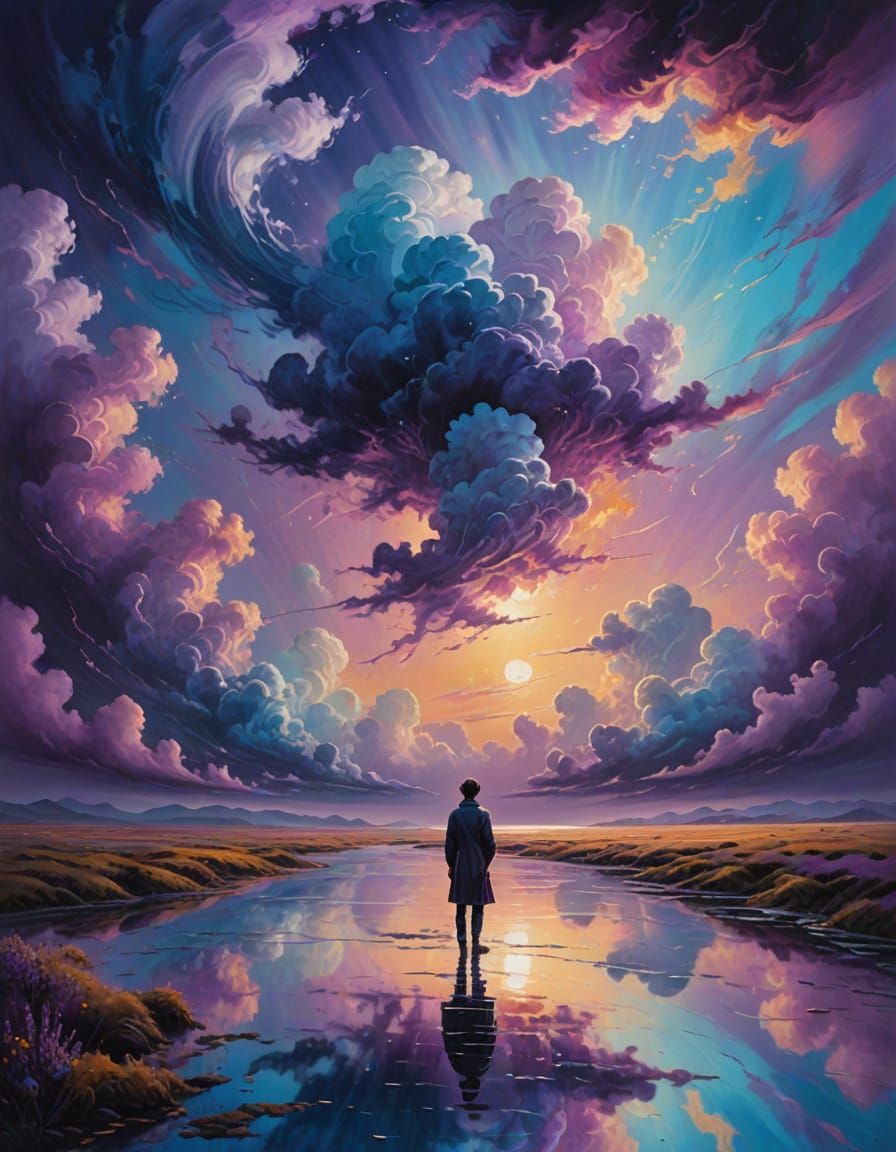 Surreal Dreamscape: Vibrant Oil Painting with Swirling Cloud...