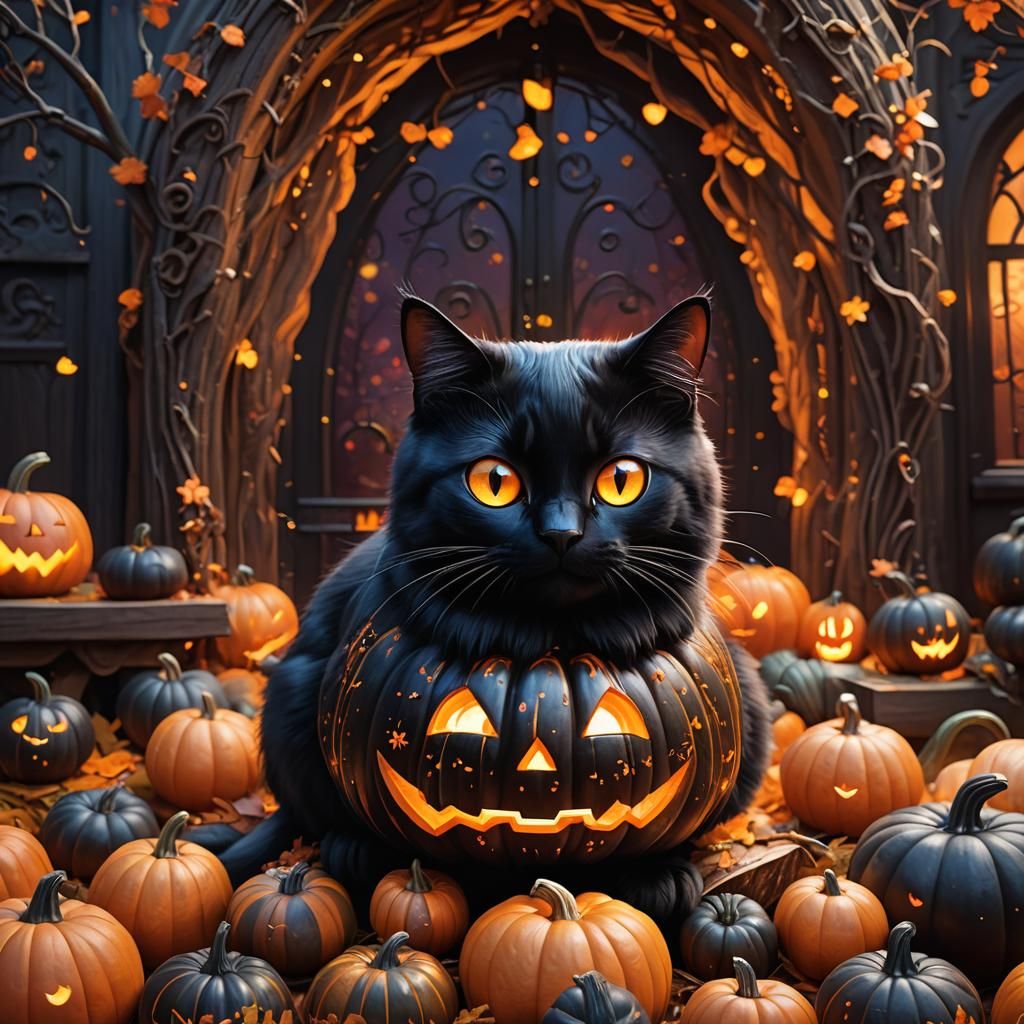 Kawaii Black Cat in Pumpkin, Digital Art