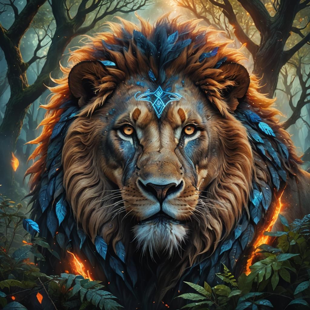 Majestic Lion in Mystical Forest: Fantasy Concept Art
