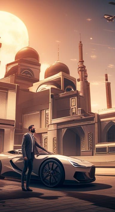 Man and Car in Front of Mosque: 3D Render