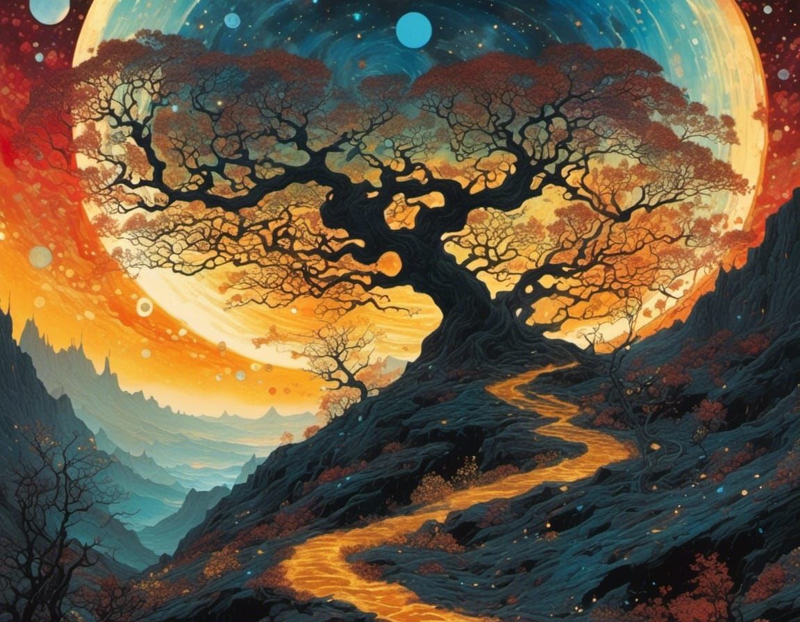 Fragmented Moon Over Dark Landscape in Gouache Collage