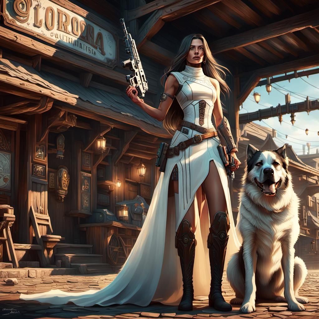 Futuristic Woman in Western Town: Dark Fantasy Art