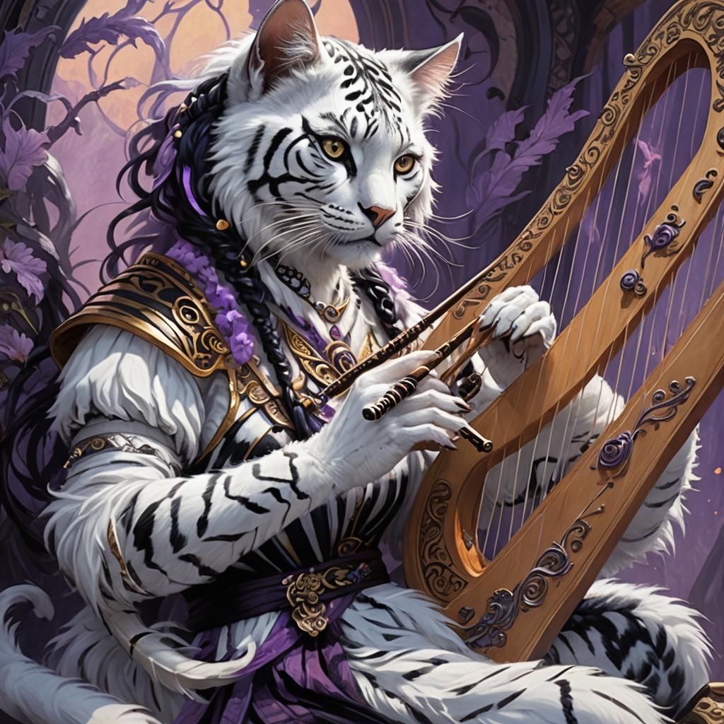 Feline Humanoid Harpist in Dark Fantasy Style