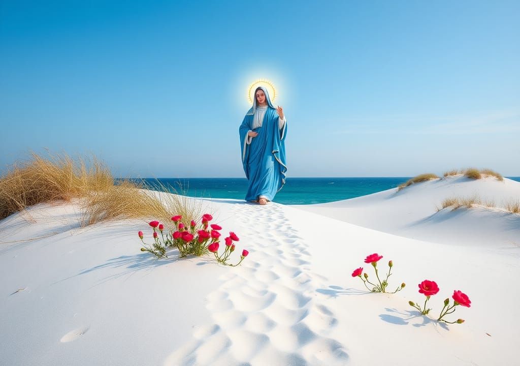 Holy Virgin in Blue Robe on White Sand