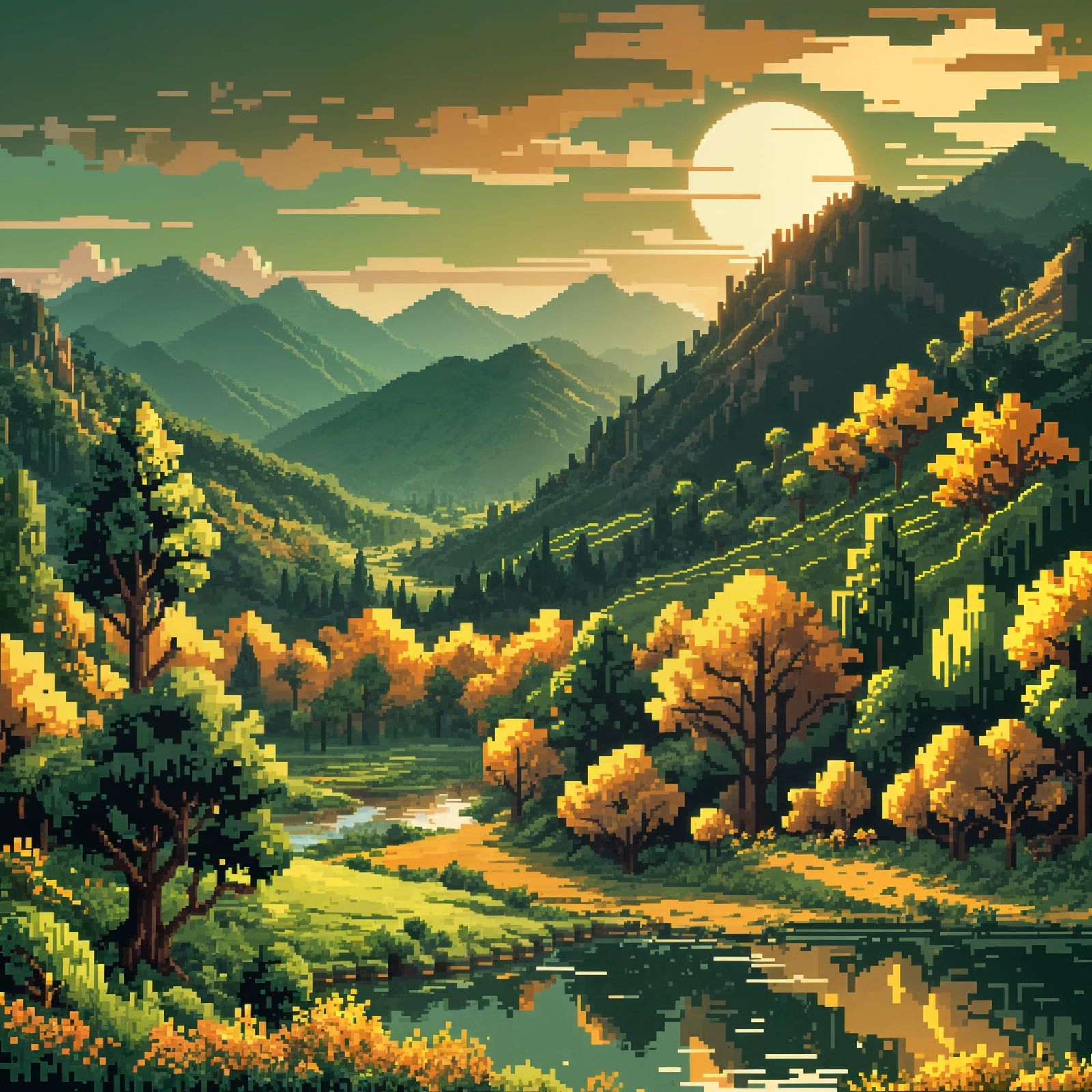 Pixel Art Sunset Over Green Valley