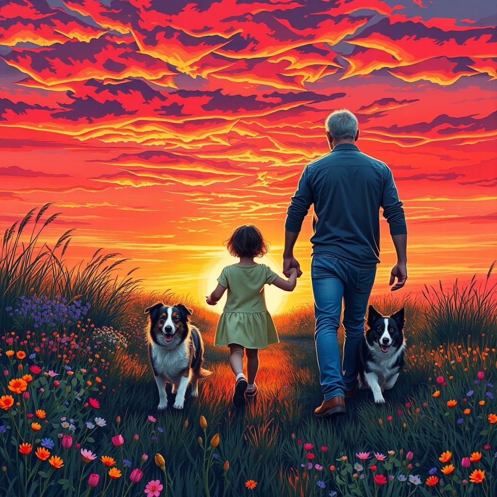 Father and Children Walk at Sunset with Dogs