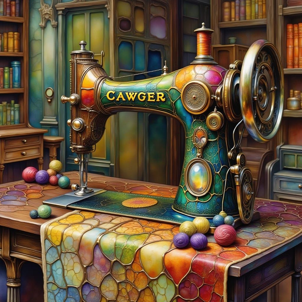 Cozy Sewing Machine Amidst Patchwork Quilt in Warm Americana...