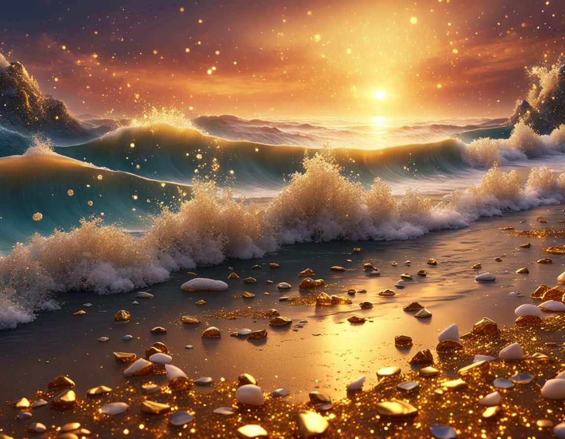 Bejeweled Sunset Beach with Glittering Gold Shore