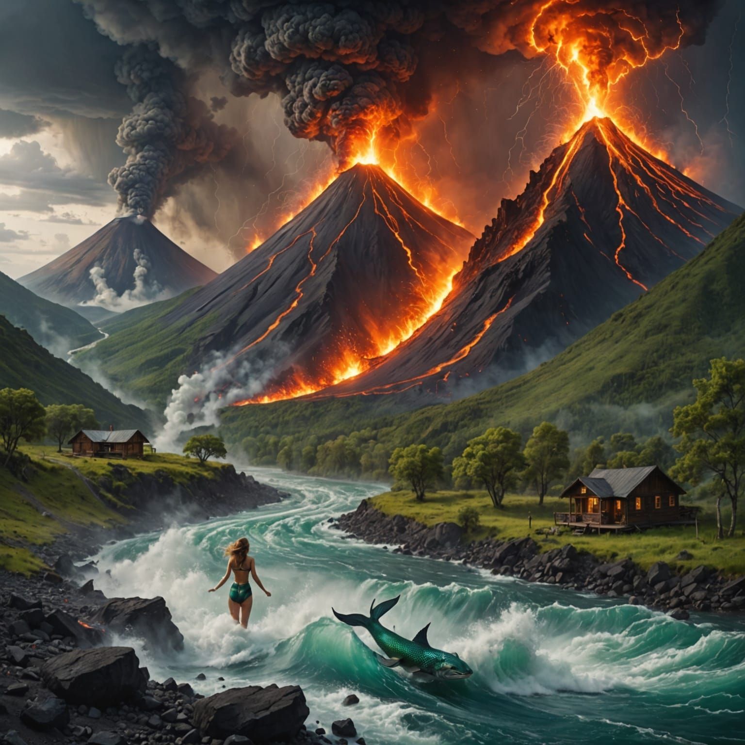 Mermaid Swims Upriver Past Volcano and Exploding Cabin