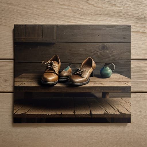 Surreal Shoes on a Weathered Workbench in Chiaroscuro Style