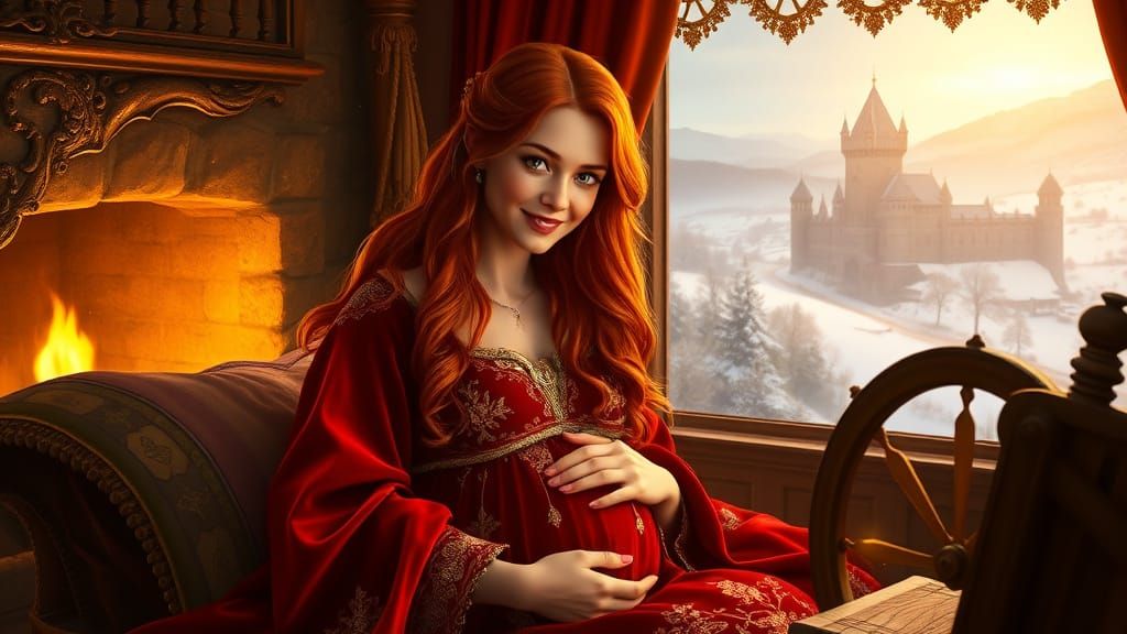 Medieval Princess Spins Tapestry by Cozy Fireplace