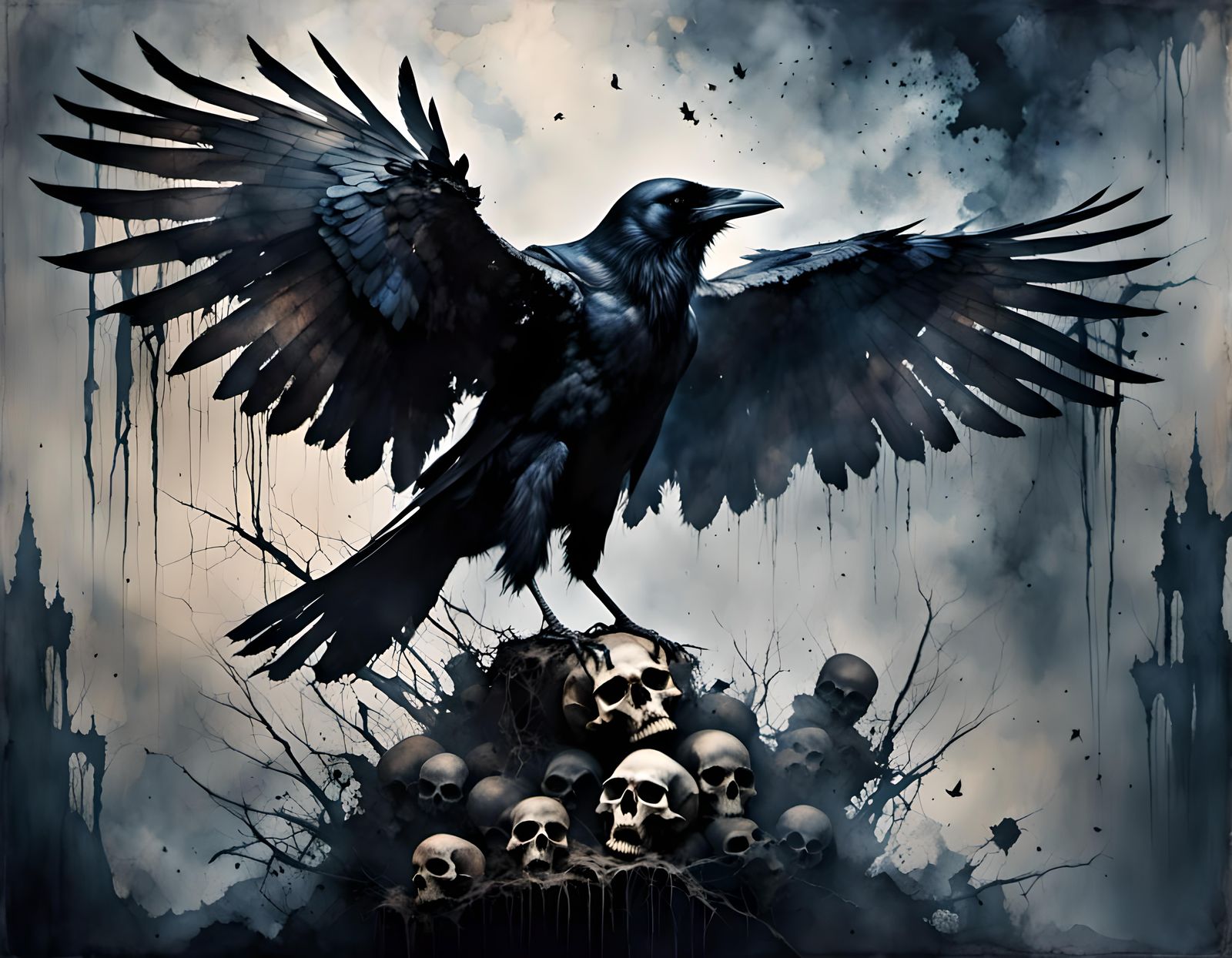 <lora:Dark:1.0> Stunning crow with wings open standing on a ...