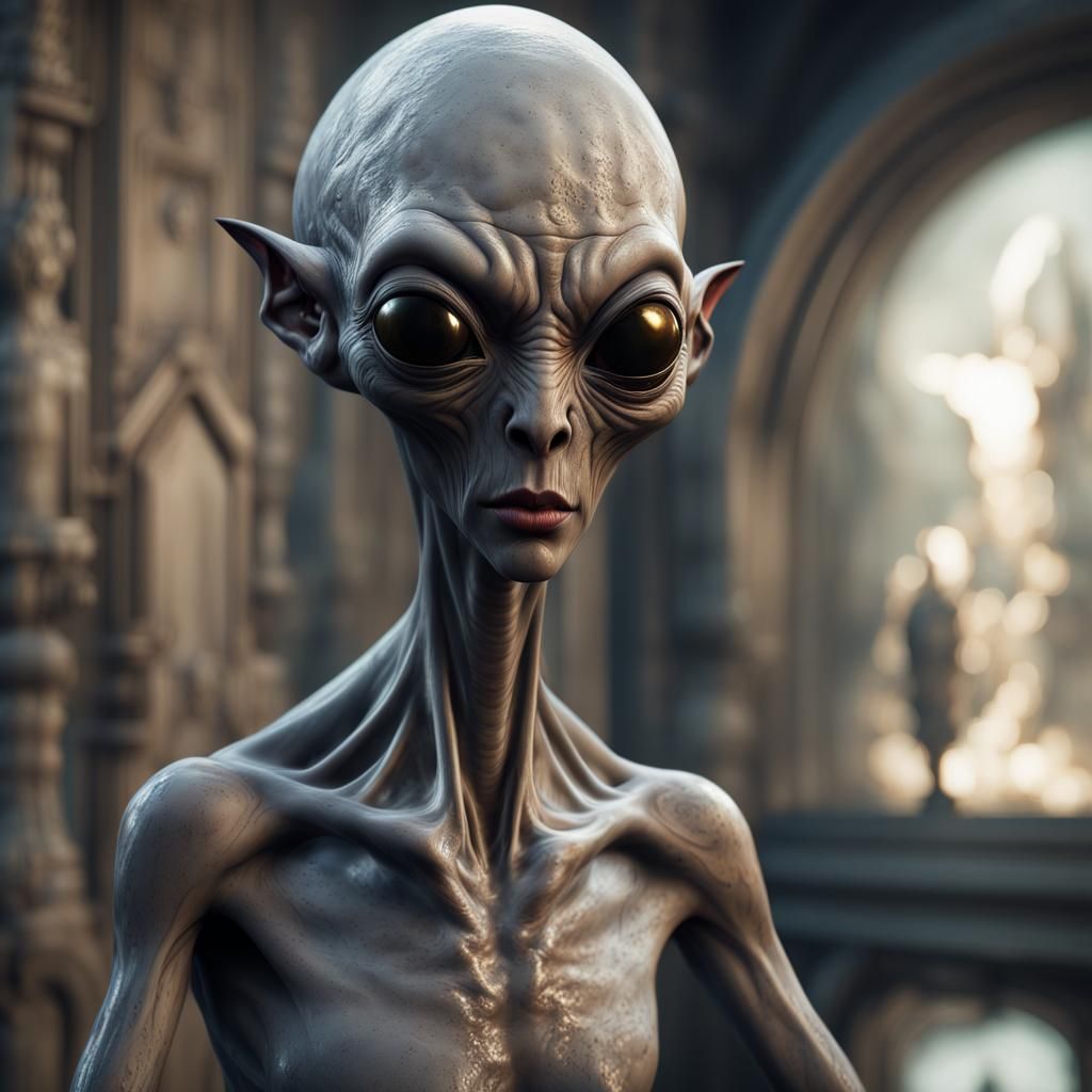 Hyperrealistic Grey Alien with Shiny Black Eyes