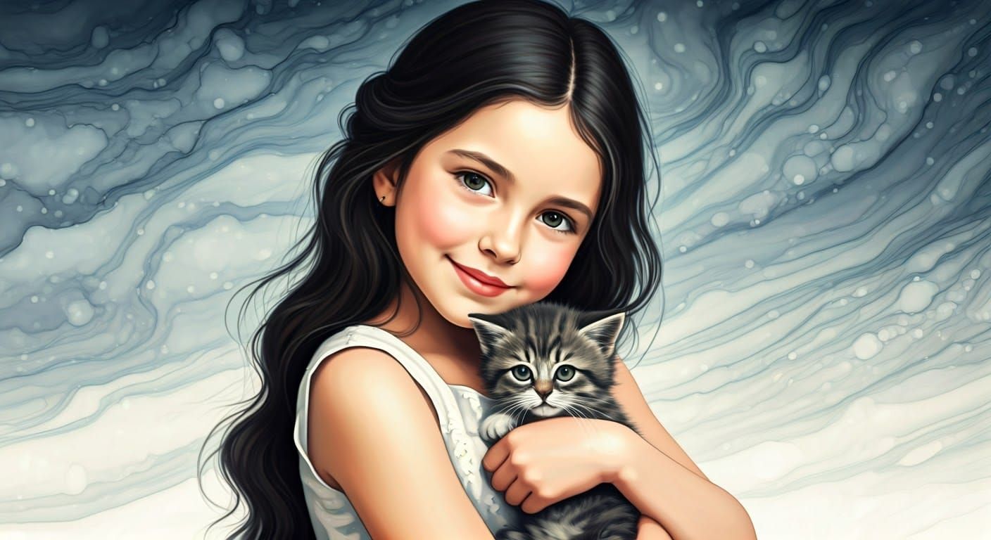 Girl with Kitten in Ethereal Landscape