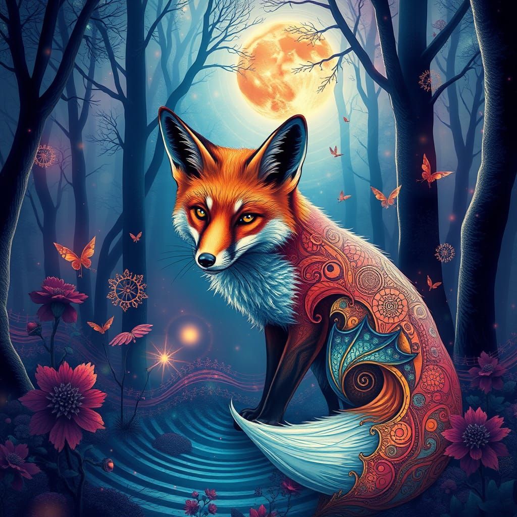 Vibrant Fox in Mystical Forest with Fractal Patterns