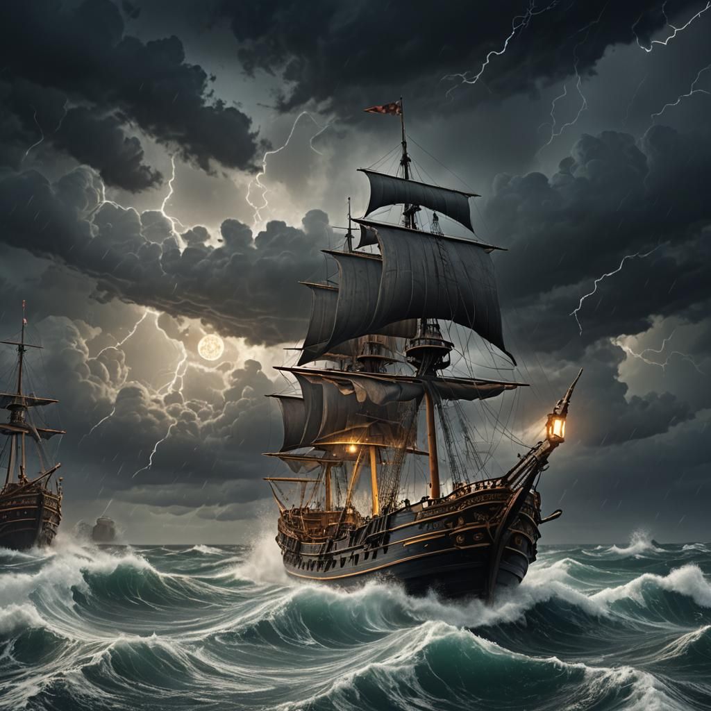 Ship Stern Lantern Amidst Storm, Detailed Matte Painting