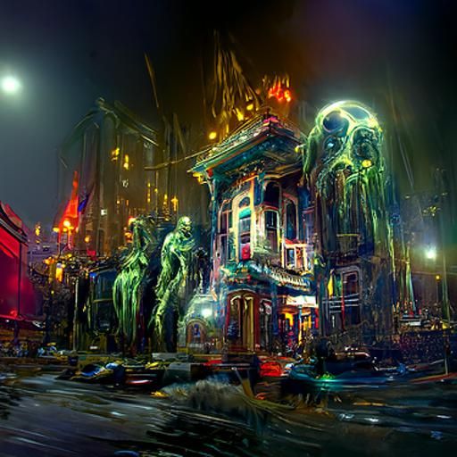 Eldritch Haunted Houses in Neon Cityscape