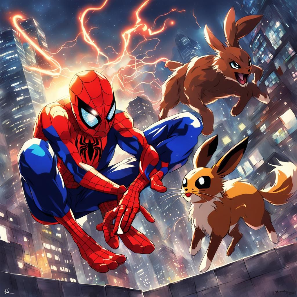 Spiderman Battling Eevee in Anime Style