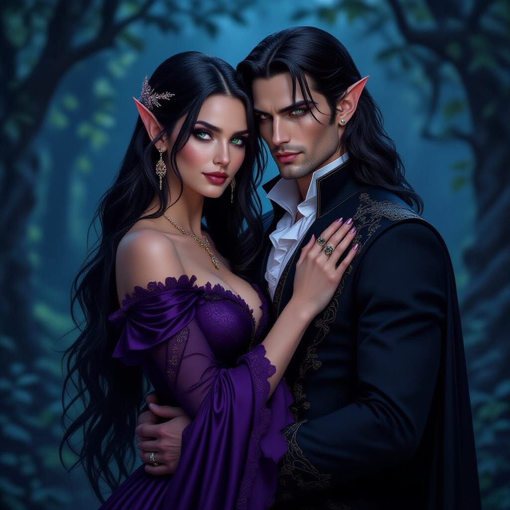 Elf and Vampire Embrace in Moonlit Forest