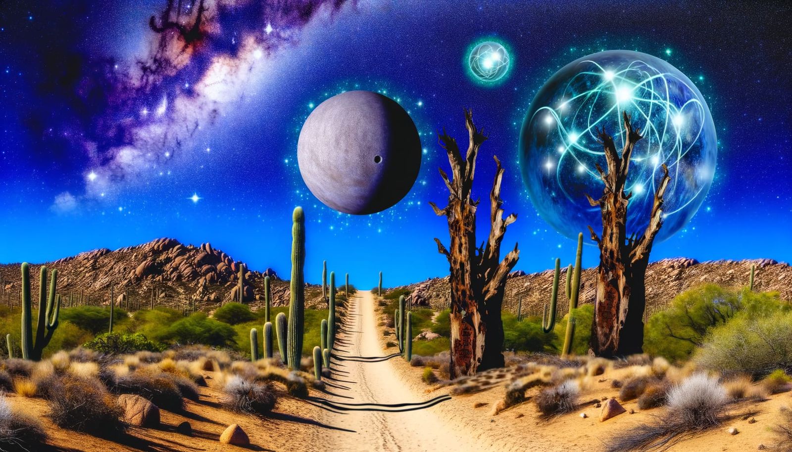 Cosmic Desert Trail Between Planets and Dead Trees