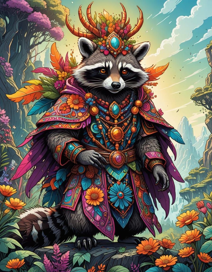 Mystical Shaman Raccoon Goddess in Vibrant Fantasy Realm