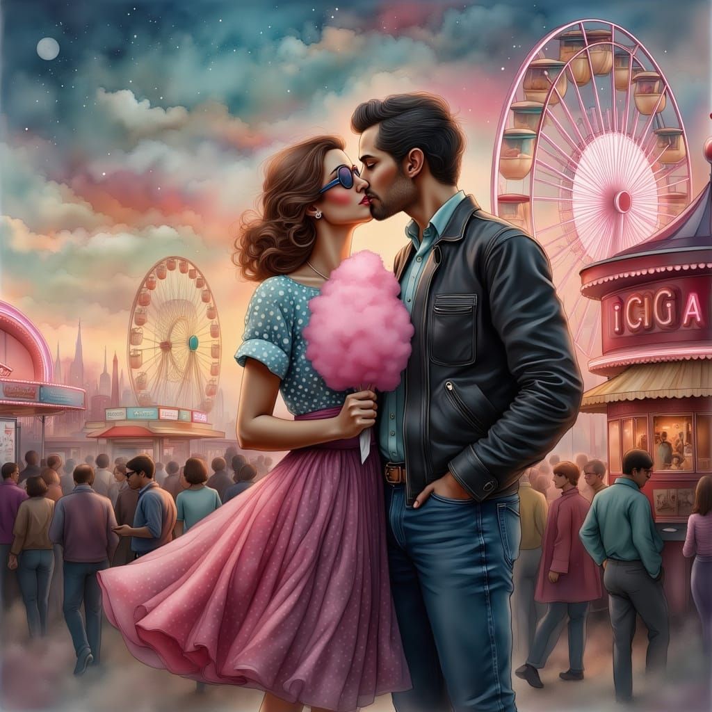 1950s Couple Cotton Candy Kiss at Vintage Carnival