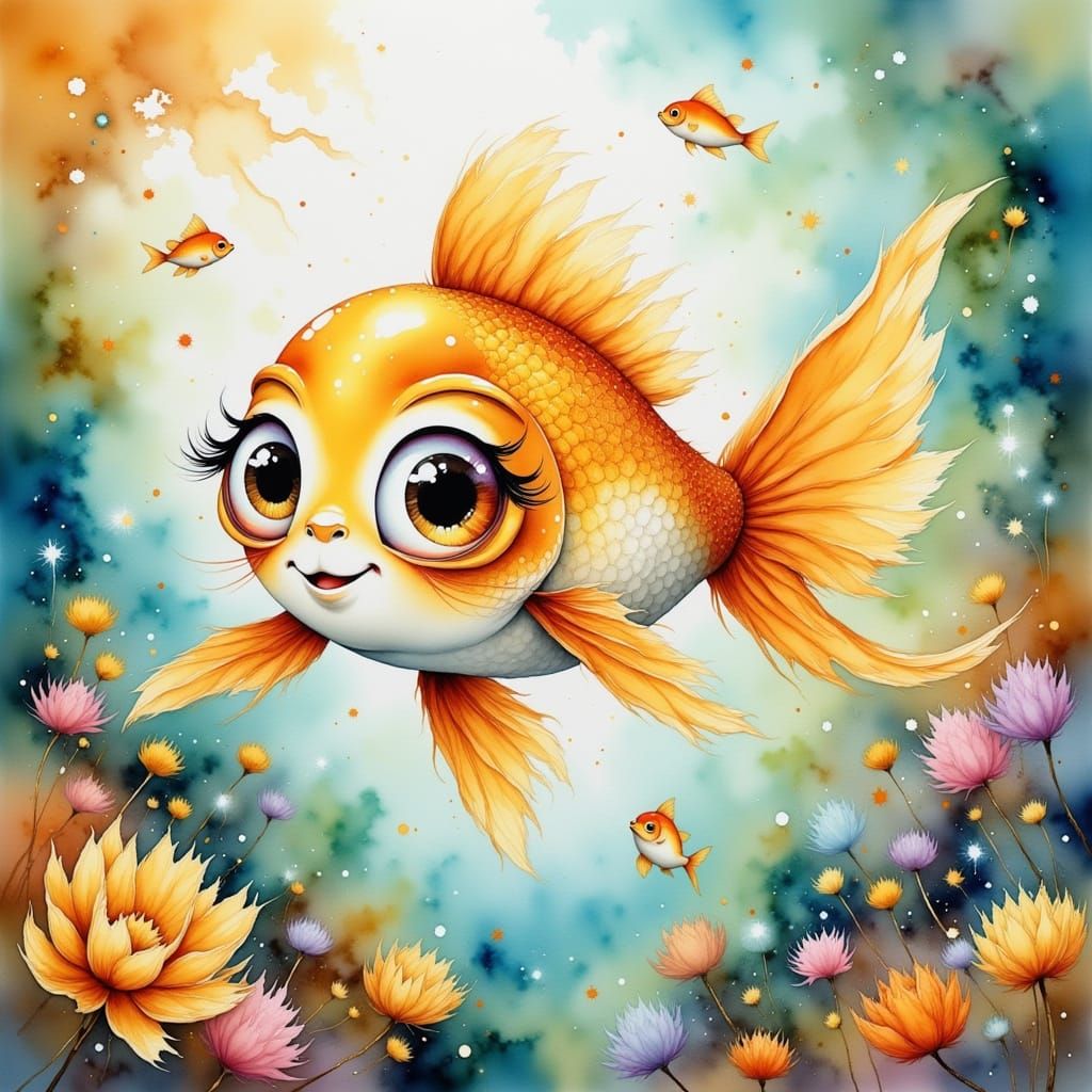 A close-up whimsical chibi gold fish with large, shimmering ...
