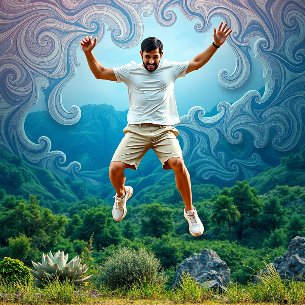 Athlete in Mid-Jump, Set Against Dreamlike Nature Scene
