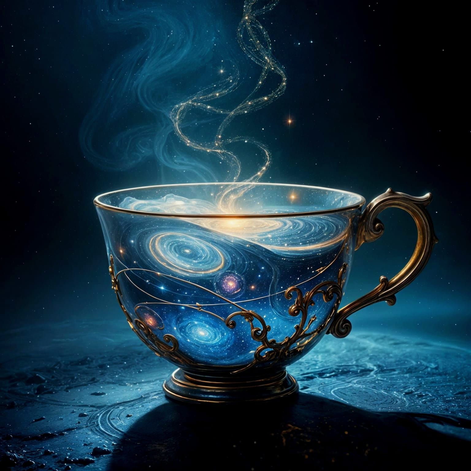 Otherworldly Teacup with Cosmic Brew, Hyperrealistic Concept...