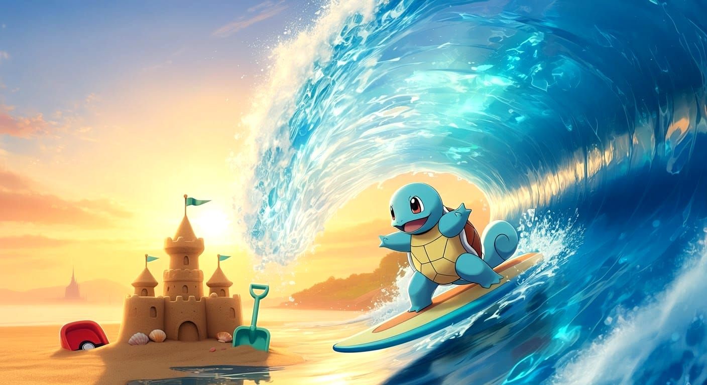 Squirtle Surfing a Wave: 3D Anime Art