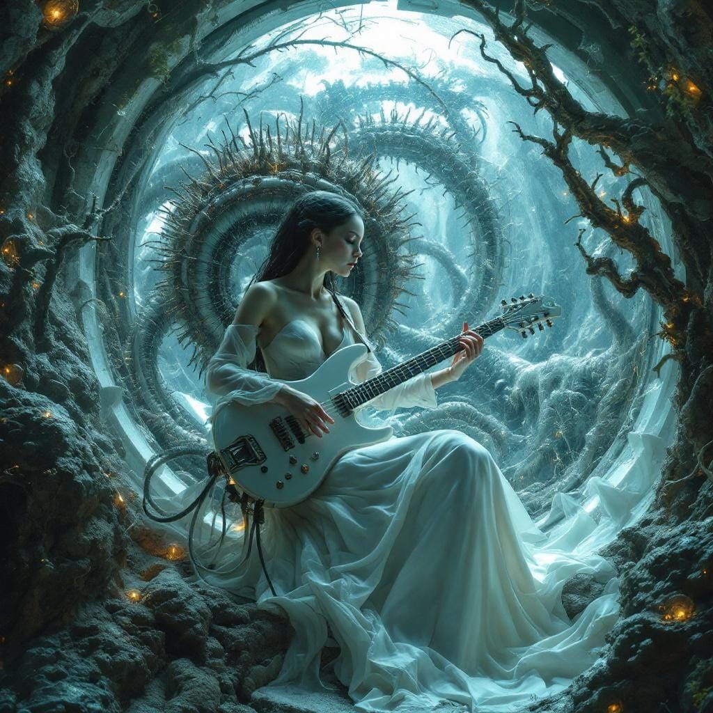 Surreal Musician in Giger-esque Biomechanical Pod