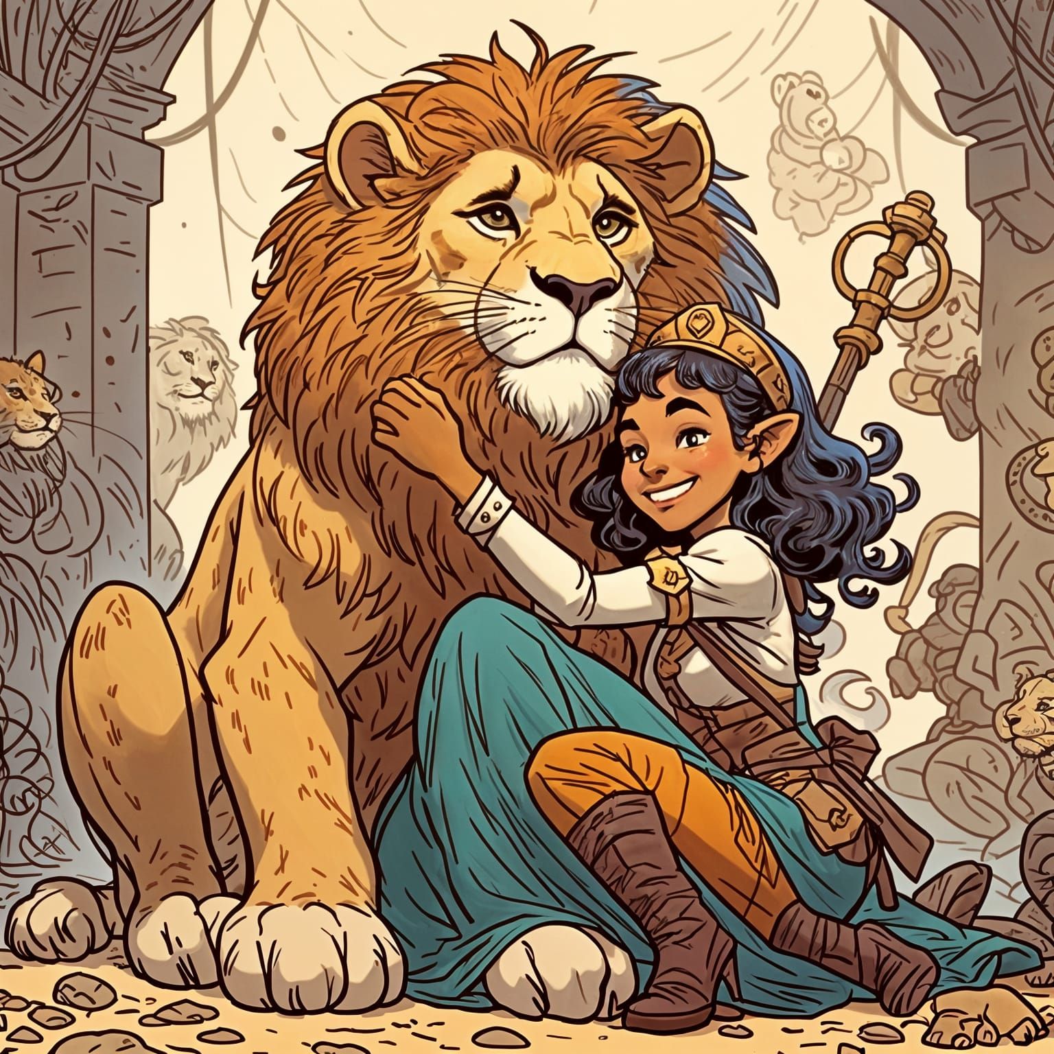 Lion Tamer Cuddling Lion in Cartoon Style