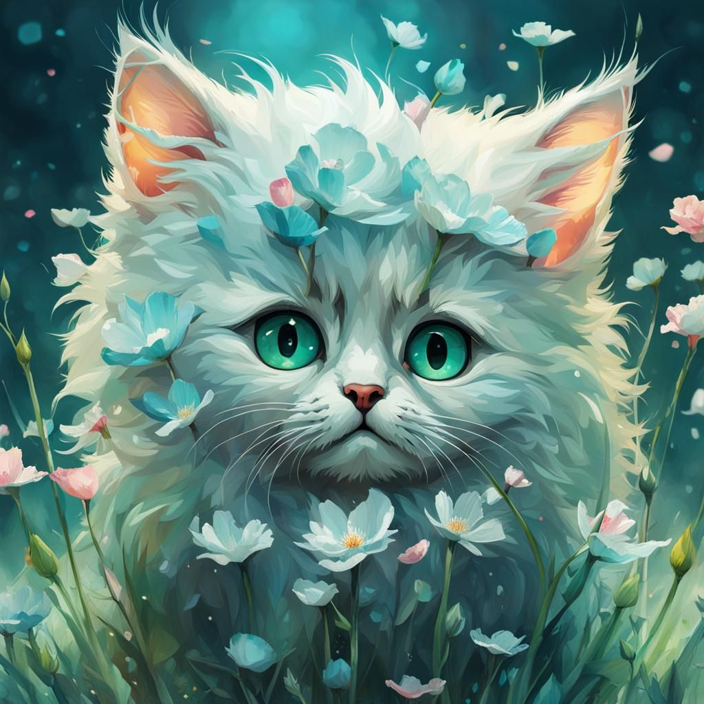 Cute Cat with Flowers in Digital Art Style