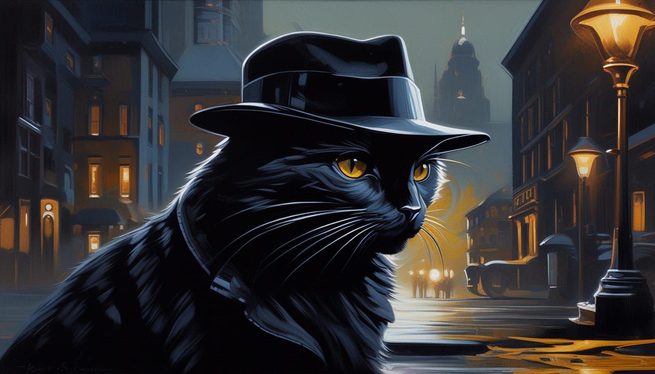 Noir Cat Detective in Oil Gouache Style