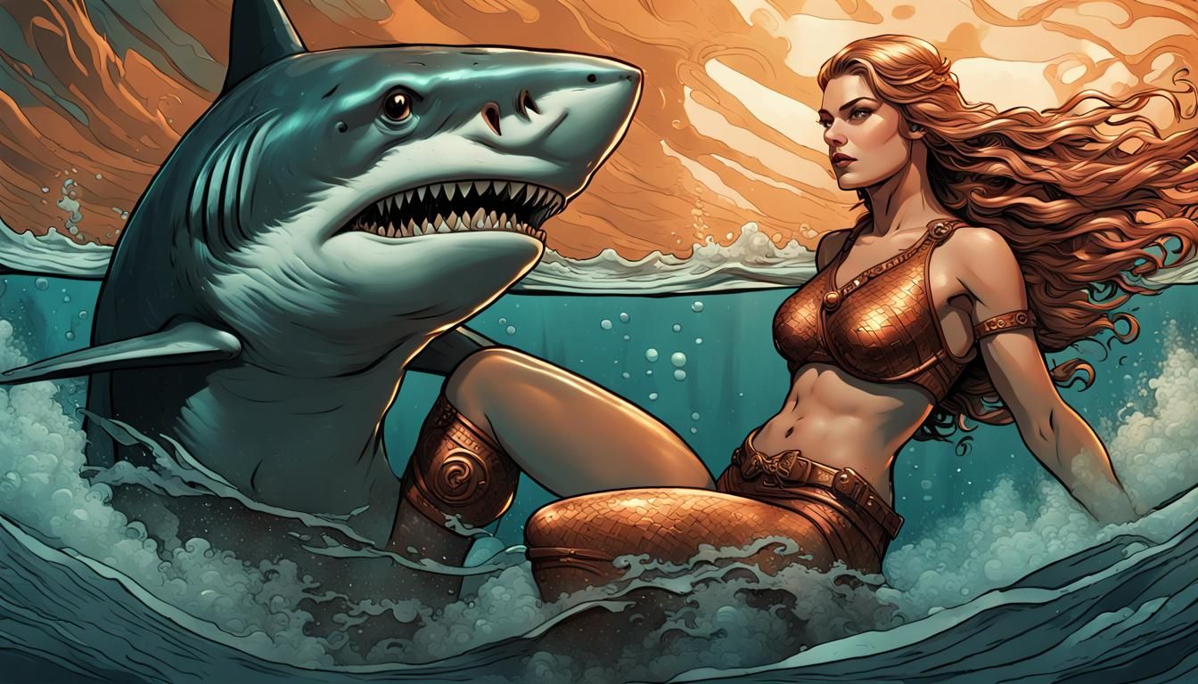 Viking Woman Rides Shark in Art Deco Style