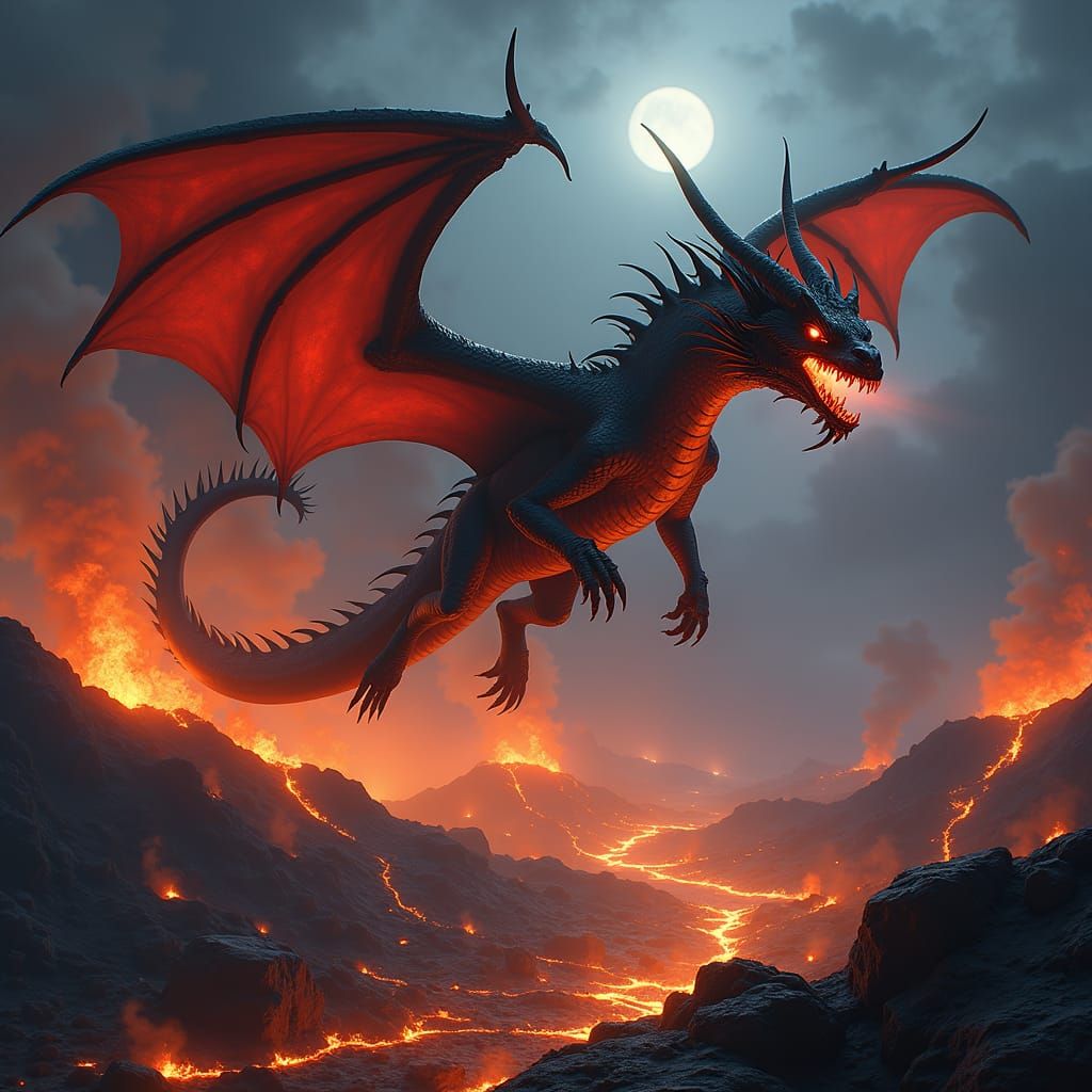 Agile Demon Dragon over Volcanic Landscape