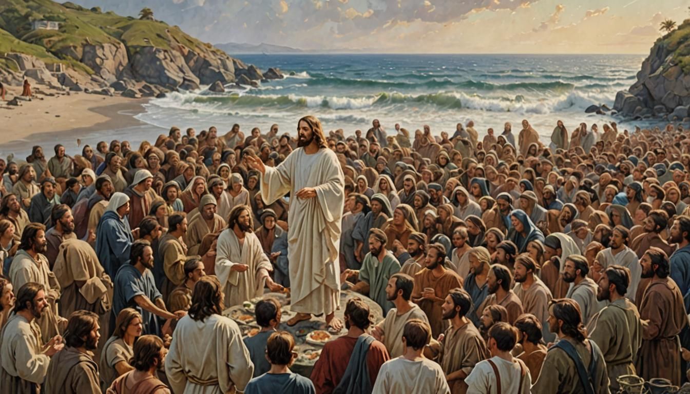 Jesus Christ Feeds The Multitude: Oil Painting