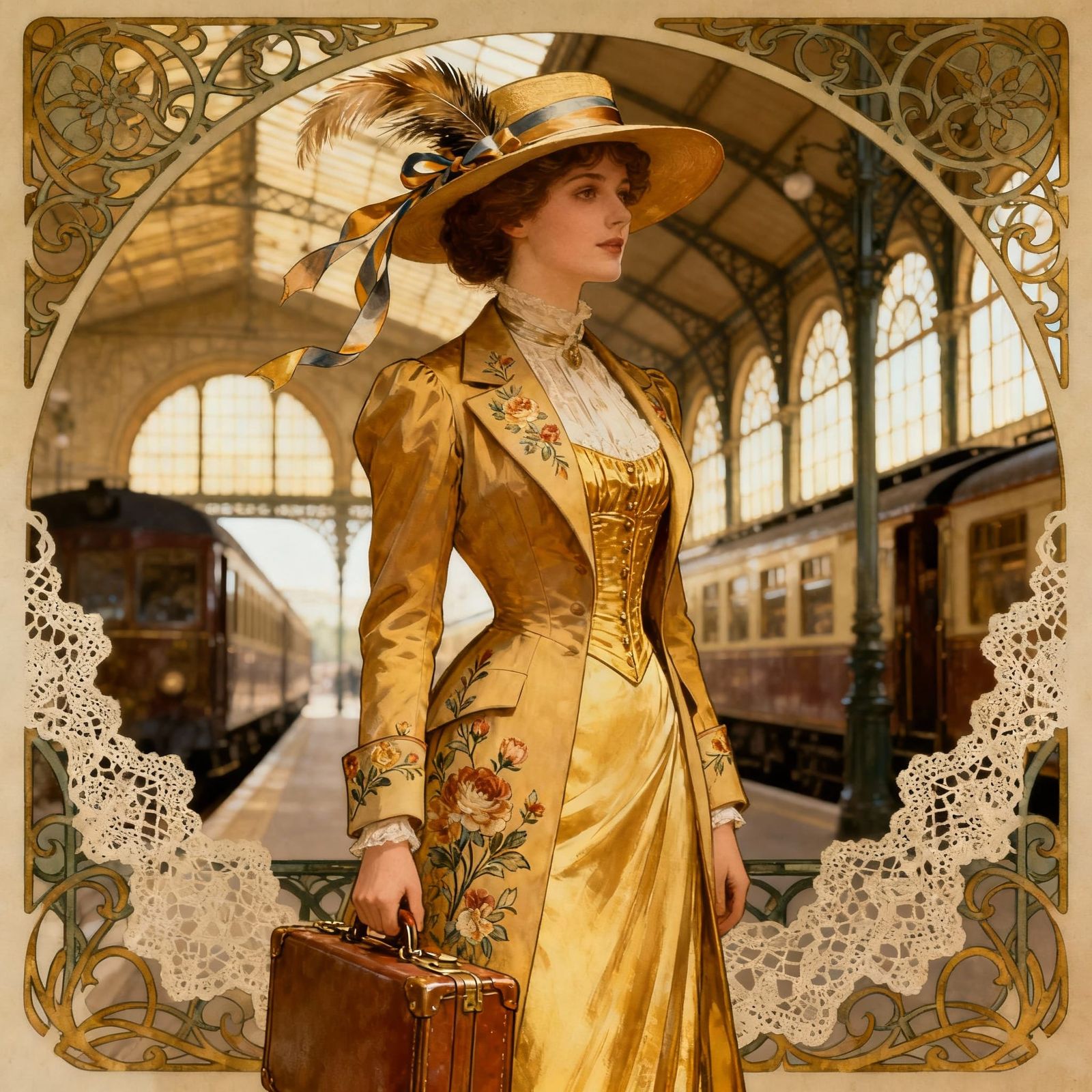 Art Nouveau Woman in Belle Epoque Traveling Costume