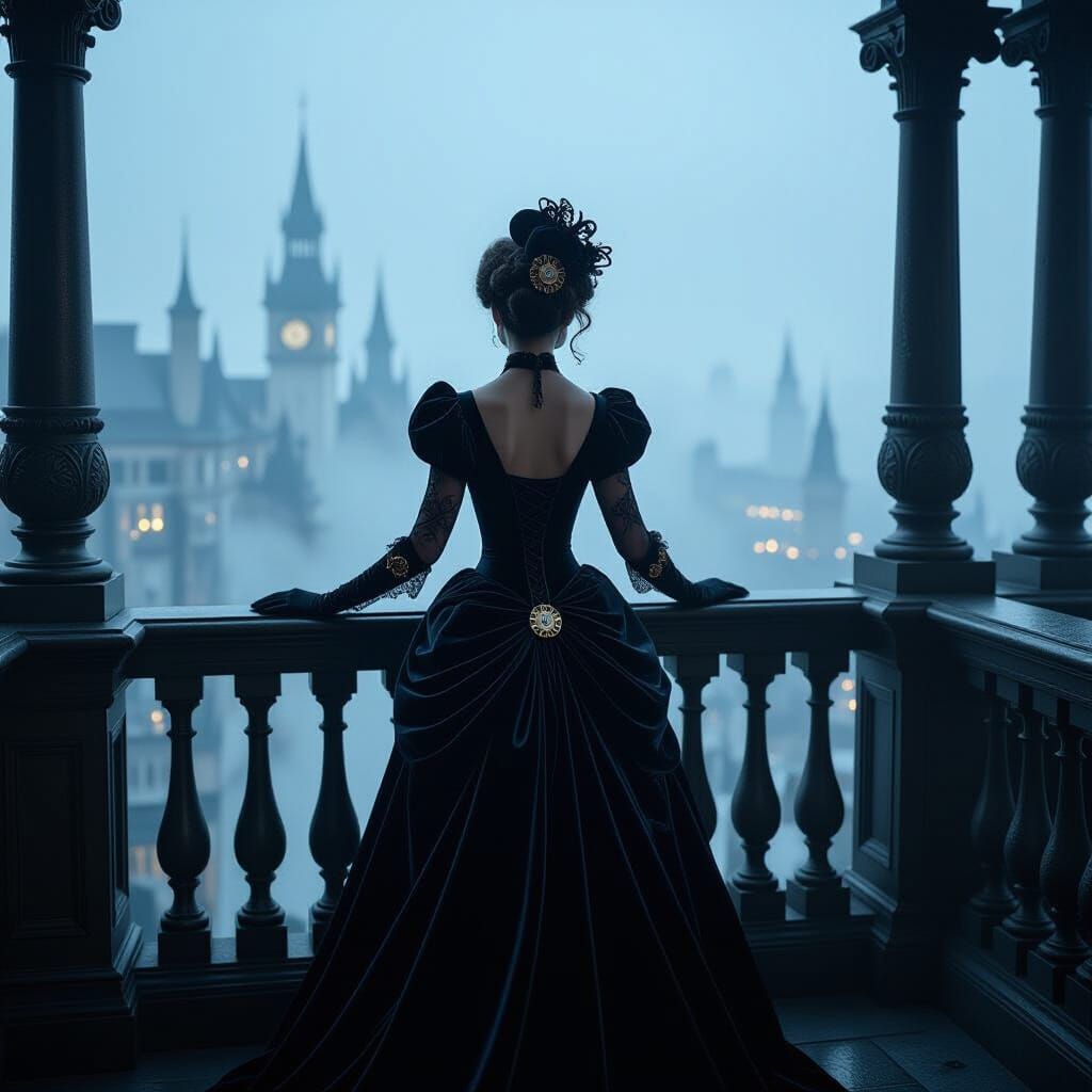 Victorian Woman with Clockwork on Misty Balcony