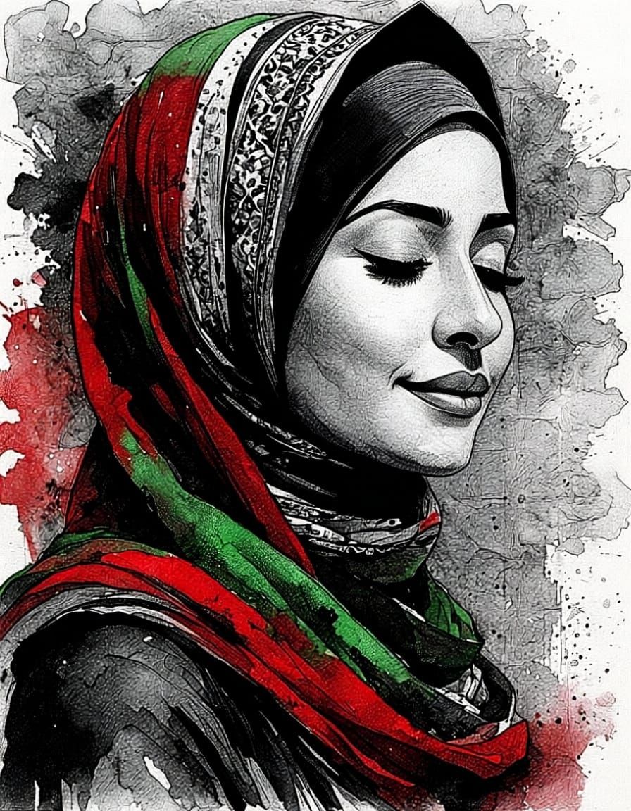 Palestinian Woman Portrait in Black and White Ink Drawing