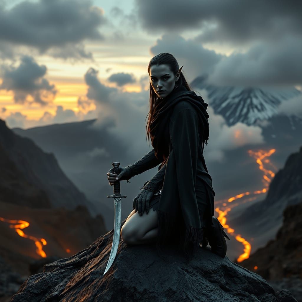 Mysterious Dark Elf Knight in Fierce Mountain Landscape