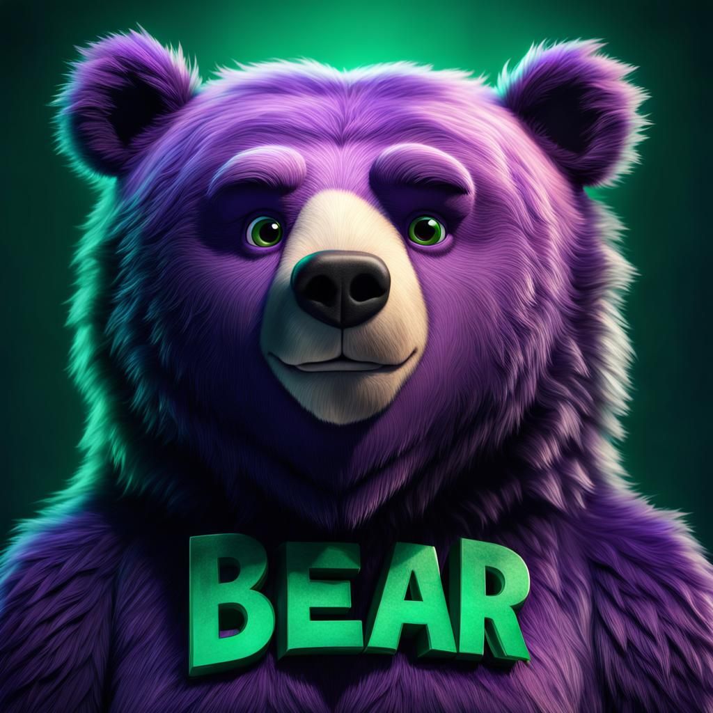 Adorable Pixar Bear Portrait in Purple and Green